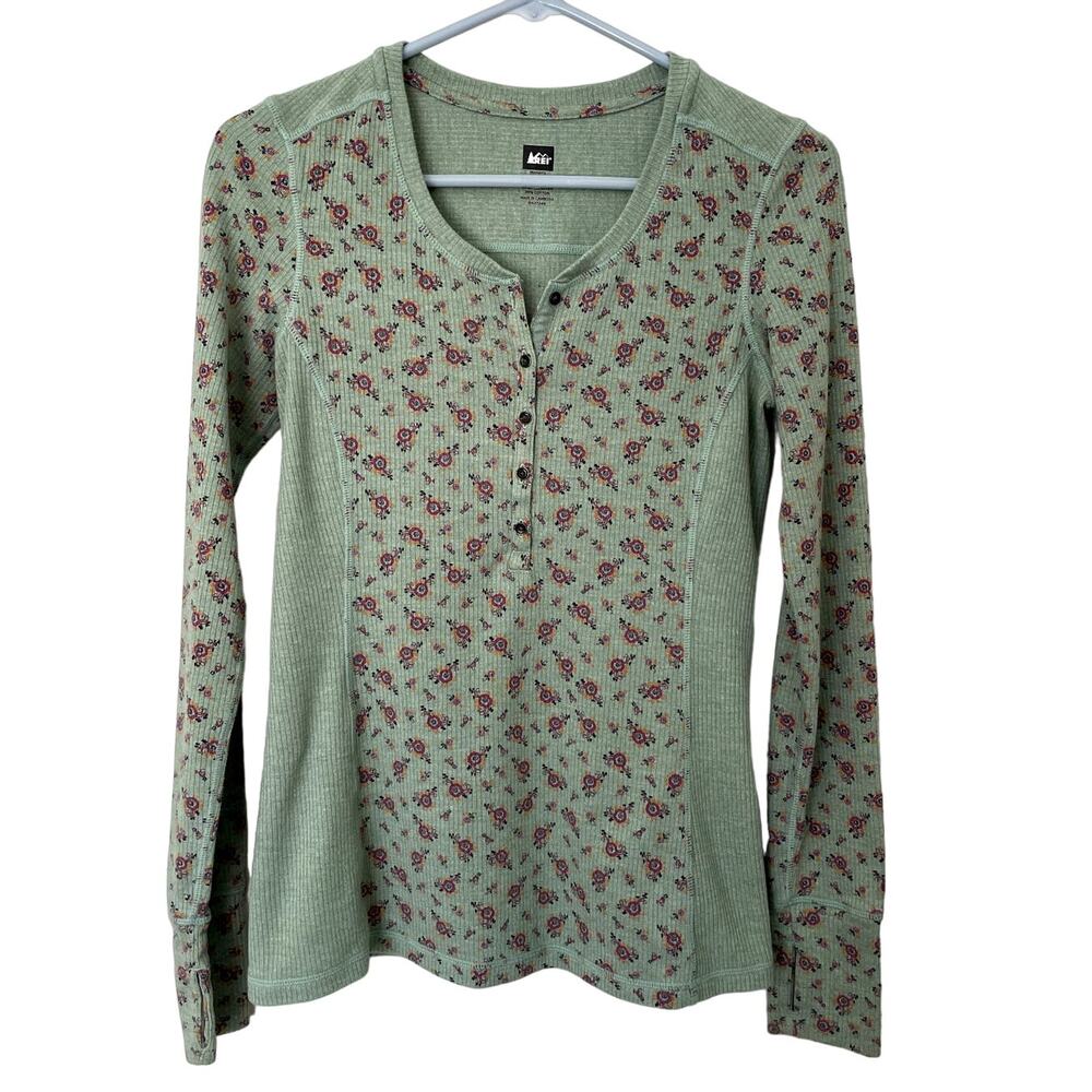 REI Sage Green Floral Henley Long Sleeve Top